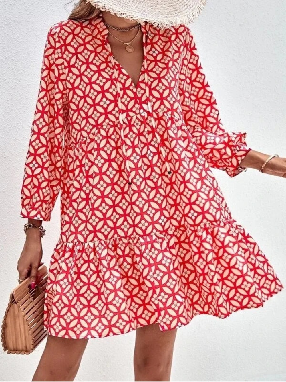 Patterned V-Neck Tiered Women's Dress